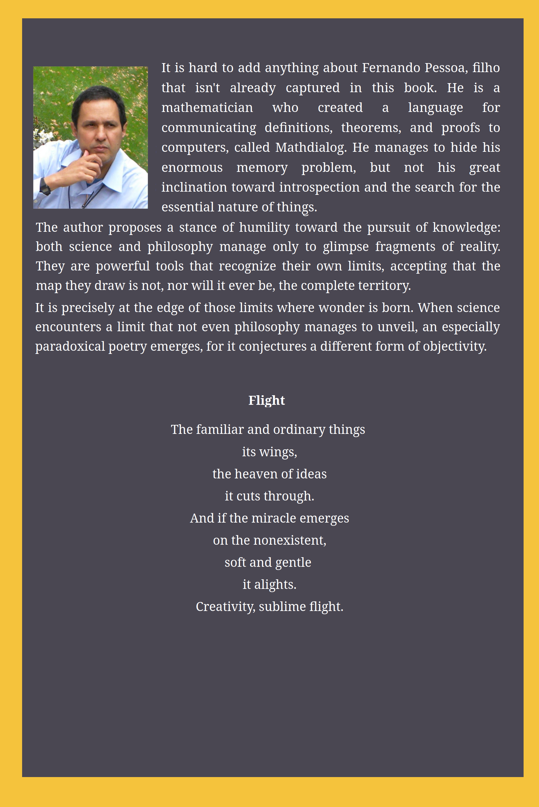 Back cover of the book Poesophy, with the author's biography and the poem Flight